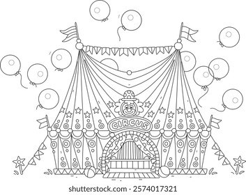 Fancy circus tent decorated with stripes, flags and flying holiday balloons, black and white outlined vector illustrations for a coloring book