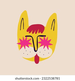 Fancy clockwork face of a cat with cool glasses. Illustration in a modern children's hand-drawn style