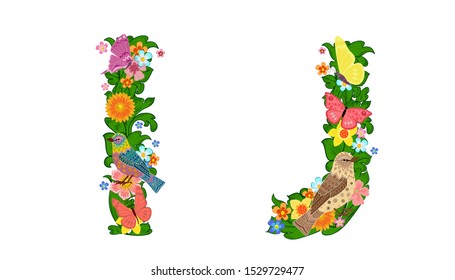 fancy collection of colorful letters I, J with butterflies and birds for your design