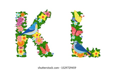 fancy collection of colorful letters K, L with butterflies and birds for your design