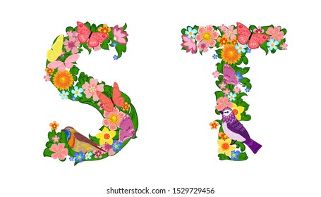 fancy collection of colorful letters S, T with butterflies and birds for your design