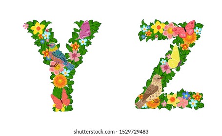fancy collection of colorful letters Y, Z with butterflies and birds for your design