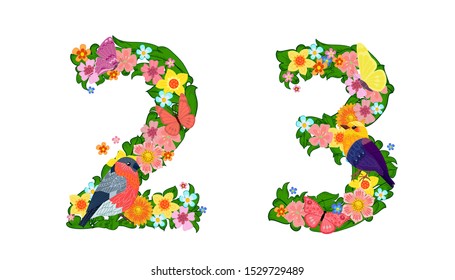coleção elegante de números coloridos 2, 3 com borboletas e pássaros para o seu design
