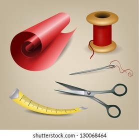 Fancy collection of realistic sewing and knitting tools.