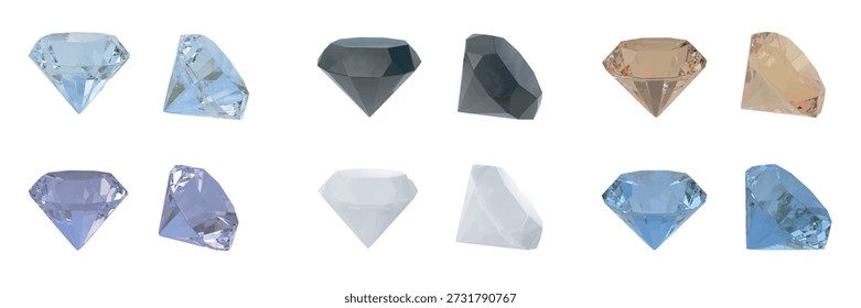 Fantastische Kollektion von funkelnden, facettierten Diamanten in runden Formen und 6 verschiedenen Farben. Luxuriöse Edelsteine aus 2 Perspektiven. Brillant geschnittene Strasssteine in Nahaufnahme. Realistischer 3D-Vektor einzeln.