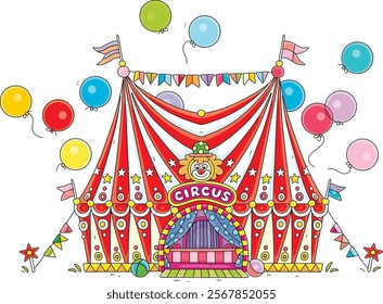 Fancy colorful circus tent decorated with red and white stripes, multi colored flags and flying holiday balloons, vector cartoon illustration on a white background