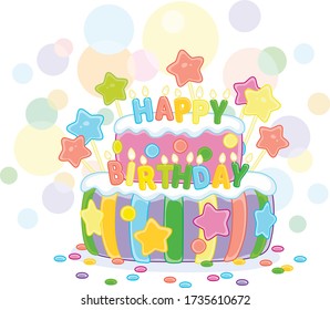 Fancy colorful and sweet birthday cake decorated with color letters candles, vector cartoon illustration isolated on a white background