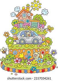 Fancy Colorful Sweet Birthday Cake Decorated With A Funny Village House, A Car, Cats And Flowers And Butterflies On A Sunny Summer Day, Vector Cartoon Illustration On A White Background