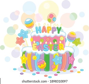Fancy colorful and sweet Easter cake decorated with color letters candles, candy stars and chocolate eggs, vector cartoon illustration isolated on a white background