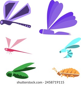 fancy conceptual old style insects logos icons symbols cockroach hornet dragonfly. Vector illustration fly mosquito purple and blue with green angular geometric beetles