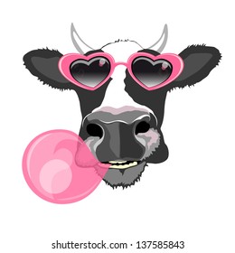 fancy cow portrait with pink bubble gum