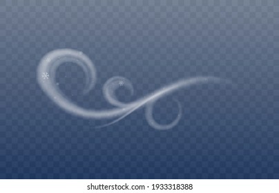 Fancy curve of frozen wind or smoke blow, realistic vector illustration isolated on transparent background. White smoke or freezing breath curved stream.