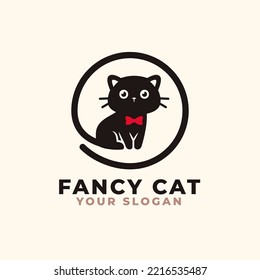 Fancy cute cat logo with bow tie. Cat logo. Pet shop logo.