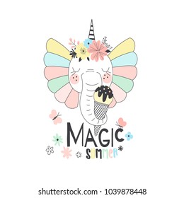 fancy cute elephant unicorn with ice cream, fairy illustration for kids, t-shirt graphic
