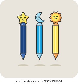 Fancy Cute Pen Set Suitable For Children And Workers, Star, Sun, Moon, Vector Design And Isolated Background.