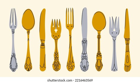 Alegre Cubertería con cuchillo de mesa, cuchara, tenedor, cuchara de pescado. Varias formas. Oro y plata. Estilo vintage. El concepto de restaurante. Dibujo manual de la moderna ilustración vectorial. Todos los elementos están aislados