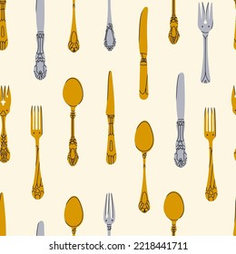 Fancy Cutlery set with table knife, spoon, fork, fish spoon. Various shapes. Gold and silver. Vintage style. Restaurant, food concept. Hand drawn Vector illustration. Square seamless Pattern