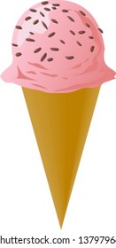 Fancy decorated ice cream cone, strawberry cone with chocolate sprinkles, illutration