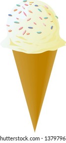 Fancy decorated ice cream cone, vanilla scoop with multicolored sprinkles, illustration