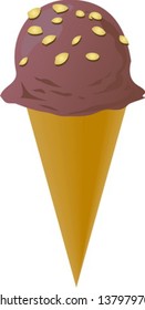 Fancy decorated ice cream cone, chocolate scoop with nuts, illustration