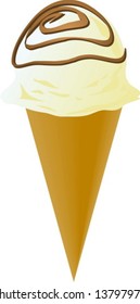 Fancy decorated ice cream cone, vanilla scoop with chocolate swirl, illustration
