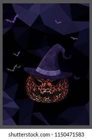 Fancy decoration Jack o lantern the pumpkin with witch hat on dark purple low poly background for halloween greeting