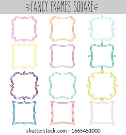 Fancy decorative blank square frames double line border colored outline label, Classic vintage curvy  doodle clear stickers, Pretty greeting tag Invitation, Retro empty logo