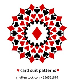Fancy diamond card suit snowflake. Diamond in the middle surrounded with spades, hearts and clubs.