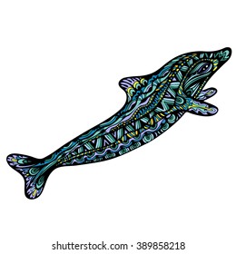 Fancy Dolphin. Decorative marine creature hand drawn art isolated design element. Vector illustration.