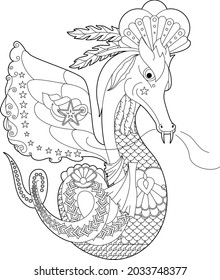 Fancy dragon on white background. Contour linear illustration for coloring book with fantasy reptile.  Anti stress picture. Line art design for adult or kids  in zentangle style and coloring page.
