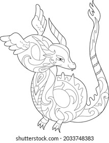 Fancy dragon on white background. Contour linear illustration for coloring book with fantasy reptile.  Anti stress picture. Line art design for adult or kids  in zentangle style and coloring page.
