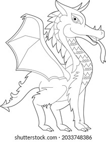 Fancy dragon on white background. Contour linear illustration for coloring book with fantasy reptile.  Anti stress picture. Line art design for adult or kids  in zentangle style and coloring page.
