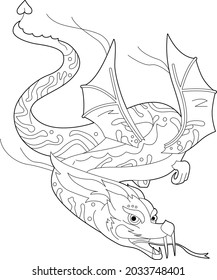 Fancy dragon on white background. Contour linear illustration for coloring book with fantasy reptile.  Anti stress picture. Line art design for adult or kids  in zentangle style and coloring page.
