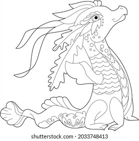 Fancy dragon on white background. Contour linear illustration for coloring book with fantasy reptile.  Anti stress picture. Line art design for adult or kids  in zentangle style and coloring page.
