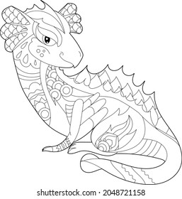 Fancy dragon on white background. Contour illustration for coloring book with fantasy reptile. Anti stress picture. Line art design for adult or kids in zentangle style, tattoo and coloring page.
