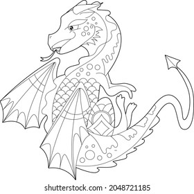 Fancy dragon on white background. Contour illustration for coloring book with fantasy reptile. Anti stress picture. Line art design for adult or kids in zentangle style, tattoo and coloring page.
