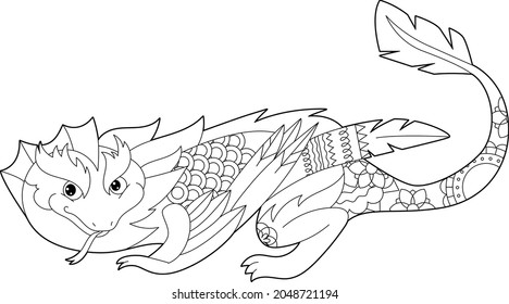 Fancy dragon on white background. Contour illustration for coloring book with fantasy reptile. Anti stress picture. Line art design for adult or kids in zentangle style, tattoo and coloring page.

