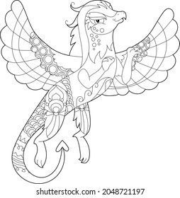 Fancy dragon on white background. Contour illustration for coloring book with fantasy reptile. Anti stress picture. Line art design for adult or kids in zentangle style, tattoo and coloring page.
