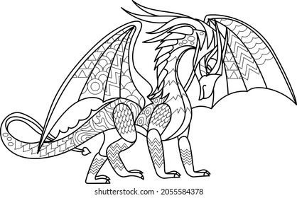 Fancy dragon on white background. Contour illustration for coloring book with fantasy reptile. Anti stress picture. Line art design for adult or kids in zentangle style, tattoo and coloring page.