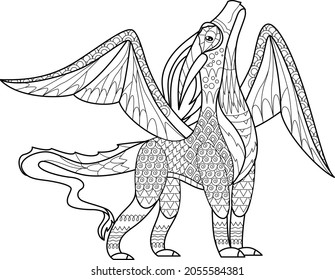 Fancy dragon on white background. Contour illustration for coloring book with fantasy reptile. Anti stress picture. Line art design for adult or kids in zentangle style, tattoo and coloring page.