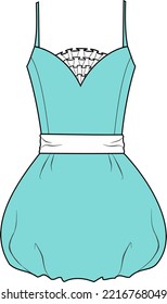 Fancy dress flat sketch. Evening gown apparel design. Front view. Women and child CAD mockup. Technical drawing template. Vector illustration.