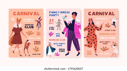 Fancy dress party poster, flyer or invitation. Set of people in carnival, masquerade costumes, clothes. Festive, holiday celebration. Flat vector cartoon illustration isolated on white background