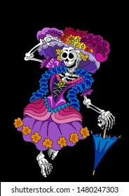 A fancy dressed skeleton ready to celebrate dia de los muertos in Mexico