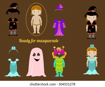 Fancy dresses collection for kids, Cute little girl body template and costumes of witch, fairy, mermaid, ghost and monster. Make your fancy character.