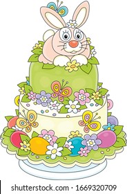 Fancy Easter cake with a cute bunny, colorful flowers, painted eggs and flittering bright butterflies, vector cartoon illustration on a white background