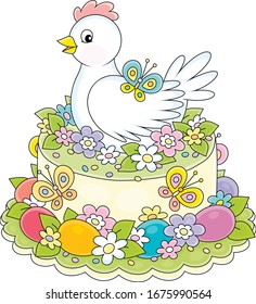 Fancy Easter cake with a cute white hen, colorful flowers, painted eggs and flittering bright butterflies, vector cartoon illustration on a white background