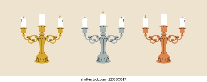 Fancy elegant candlestick. Gold, silver and bronze. Luxurious classic decoration. Vintage style. Restaurant concept. Hand drawn trendy Vector illustration. All elements are isolated