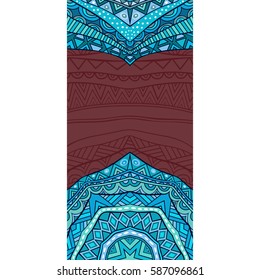 Fancy ethnic background. Vertical card template. Abstract geometric pattern. Tribal ornaments in blue colors. Copy space. Vector illustration.