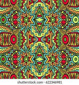 Fancy ethnic pattern in bright colors. Abstract seamless tribal ornament. Repeatable background design. Tile able fancy backdrop. Aztec style inspired art. Vector illustration.