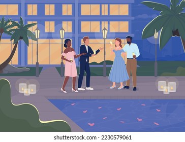 Fancy evening party near swimming pool flat color vector illustration. People in luxury attire drinking and chatting. Fully editable 2D simple cartoon characters with lighted building on background